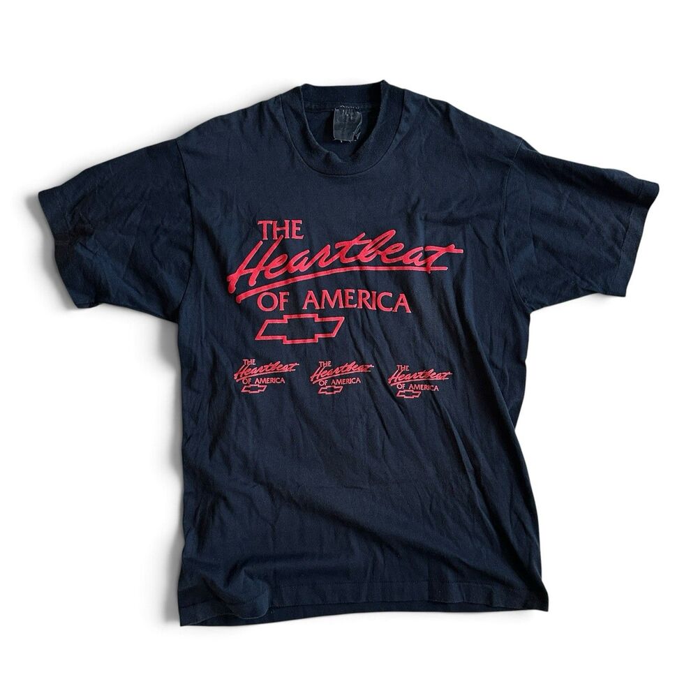 Vintage Chevrolet Heartbeat of America Chevy Bowtie Black T L 90s Single-Stitch
